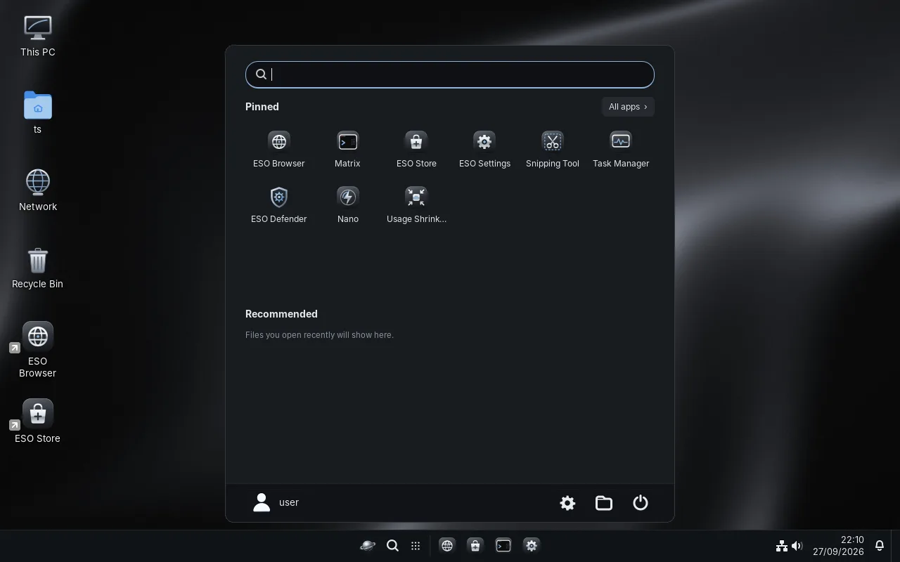 The ESO OS desktop with the Start menu open